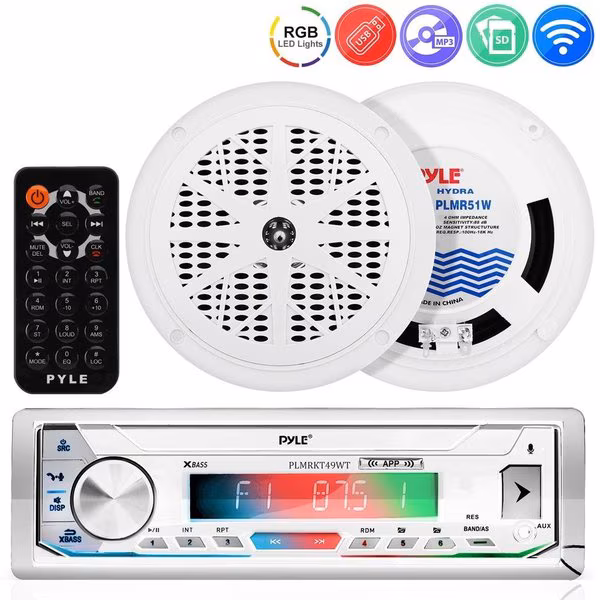 1-Din Car Multimedia Player+Speakers, PLMRKT49WT, Pyle, Mfr#: PLMRKT49WT